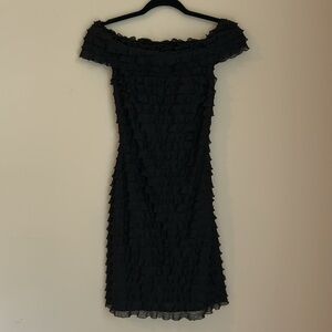 White House Black Market Black Ruffle Dress, Form Fitting with Stretch Size 00